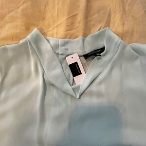 BLOUSE, BACK ZIPPER, ICY MINT, SIZE 24, LIGHT CREPE, MOCK NECK, LONG LENGTH,
